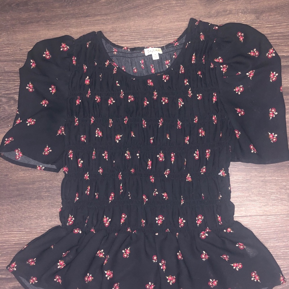 Lily White Black Smocked Top with Red Floral Print